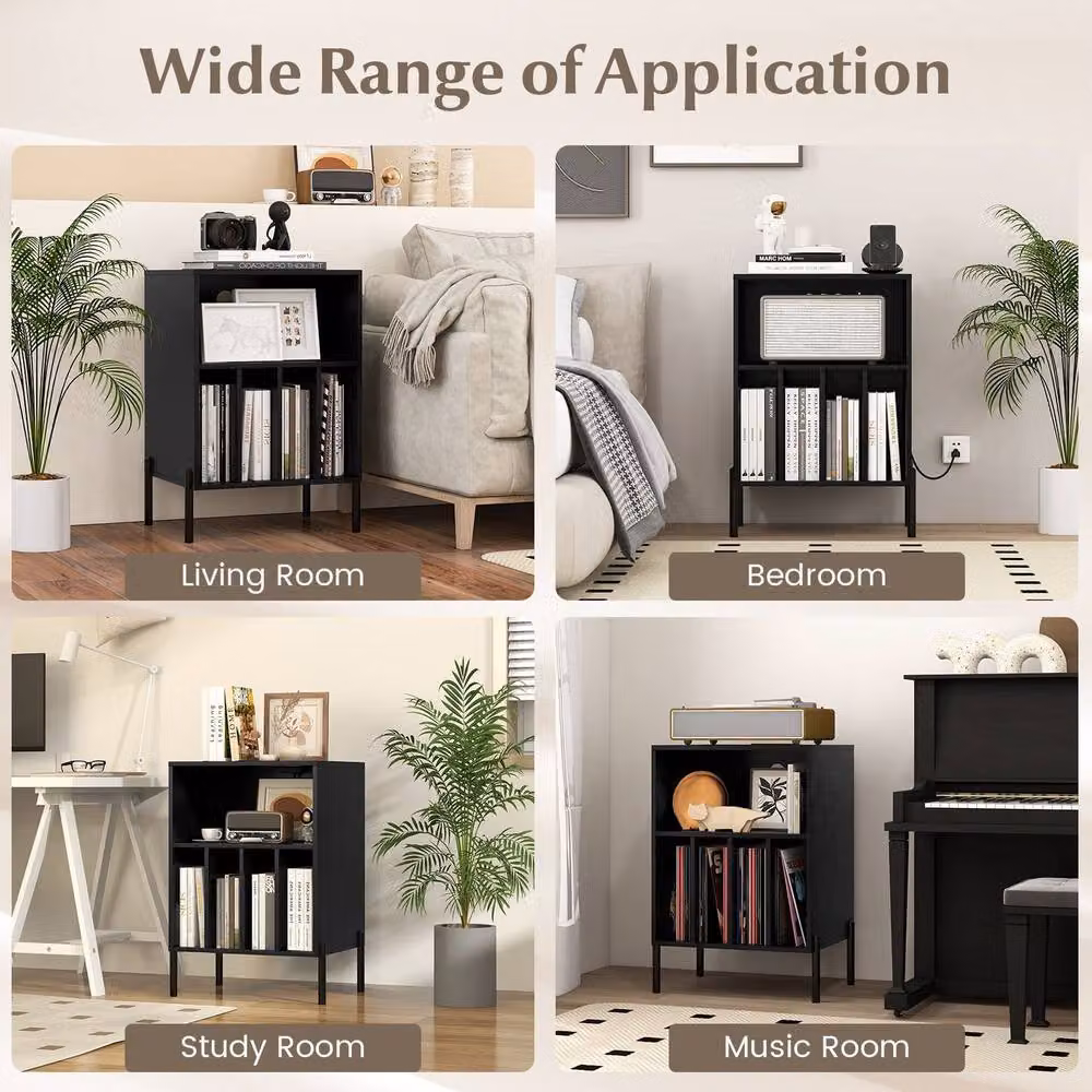 Costway Black Wooden Vinyl Record Player Stand with Integrated Charging Station and Media Compartments – 6