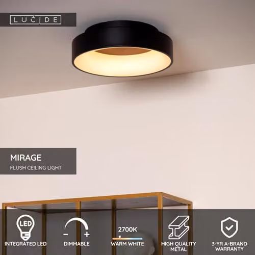 Lucide Mirage Dimmable LED Flush Ceiling Light, Black, Diameter: 38 cm – 2