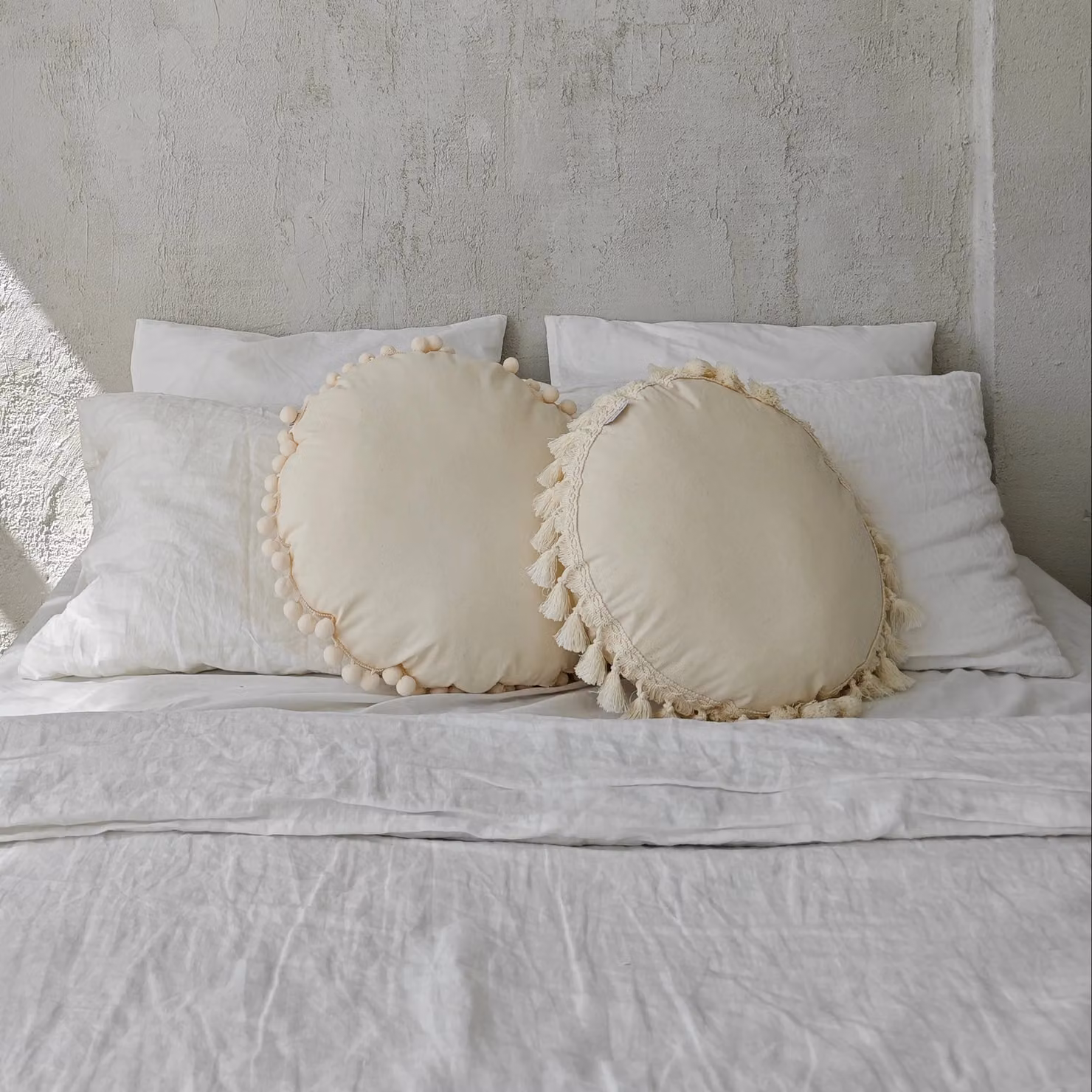 MiniCamp PomPom Round Throw Cushion in Beige, Diameter: 45 cm – 2