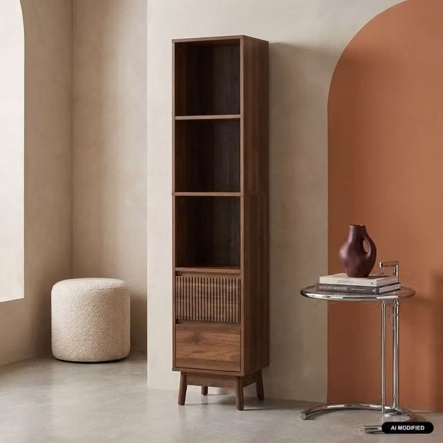 Sweekeec Scandinavian Style 3-Shelf Wood Storage Column with 2 Drawers in Brown