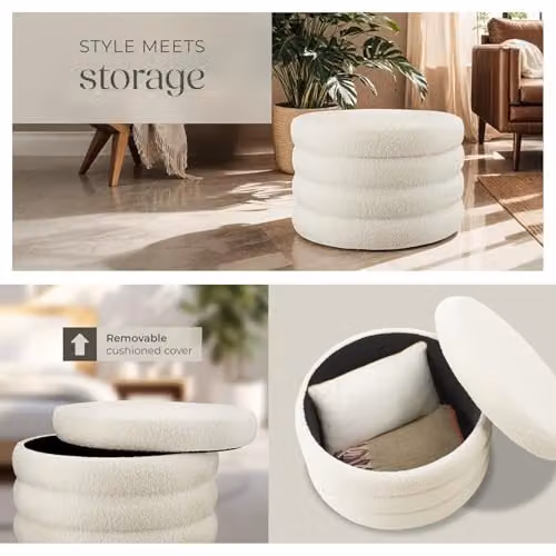 tectake XL Scandi Style Storage Ottoman with Bouclé Cover in Cream/White, W/D/H: 42 x 42 x 67 cm – 2
