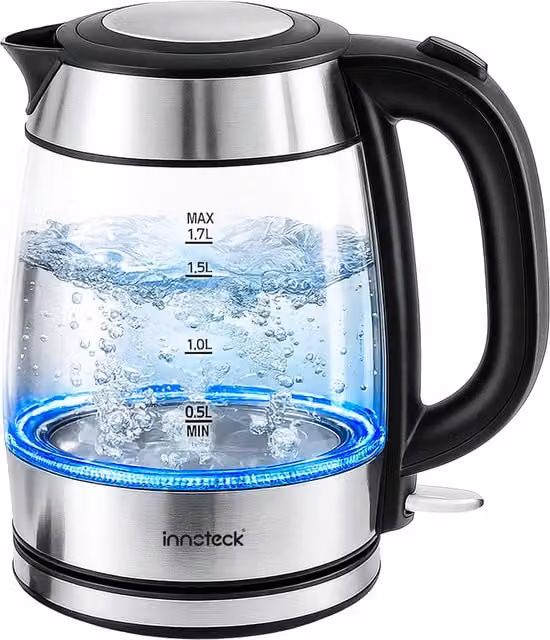 Innoteck 1.7 l Cordless Glass Kettle with 2500W Fast Boil in Silver