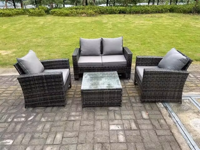 Fimous 4 Seater Grey Polyrattan Garden Furniture Set with High Back Sofa, Armchairs and Coffee Table