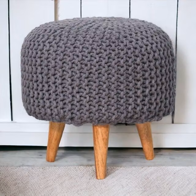 Artisan Furniture Keeva Modern Cylindrical Round Footstool in Grey and Brown with Knit Fabric and Wood Frame