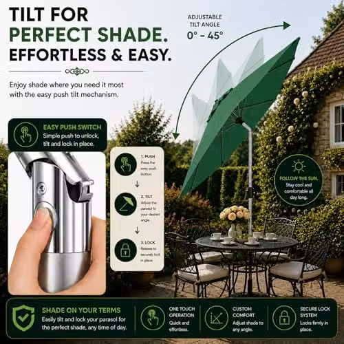 GlamHaus Green Garden Parasol with UV40+ Protection and Aluminium Frame, Diameter: 2.7 m – 5