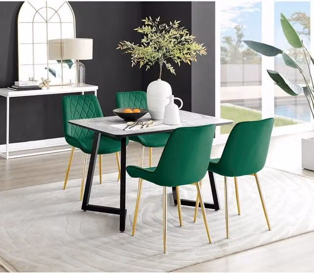 FurnitureboxUK Carson White Marble Effect Dining Table and 4 Pesaro Green Chairs with Gold Legs