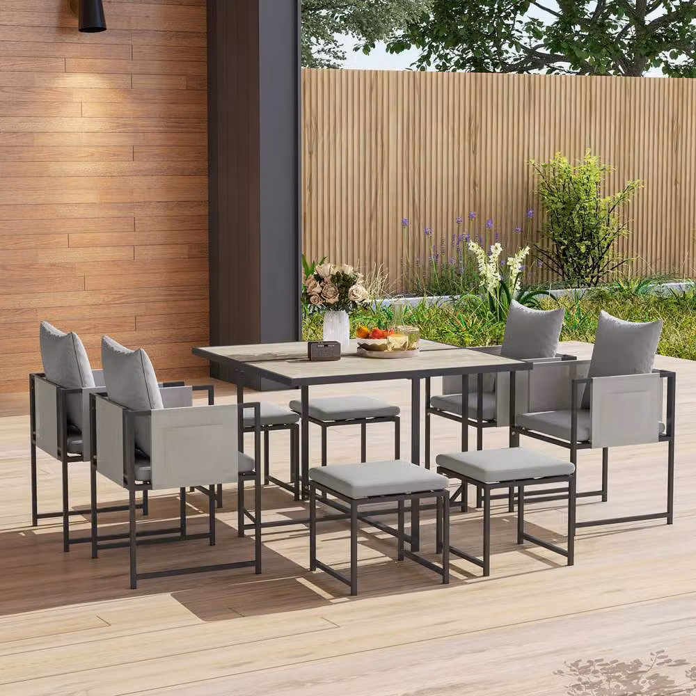 STILVORA Nine-Piece Modern Outdoor Dining Set with Powder Coated Steel Frame in Grey – 2