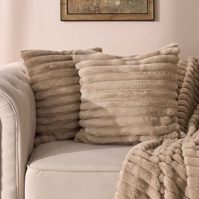 OHS Faux Fur Thick Ribbed Cushion Covers in Mink, Pack of 4, 45 cm