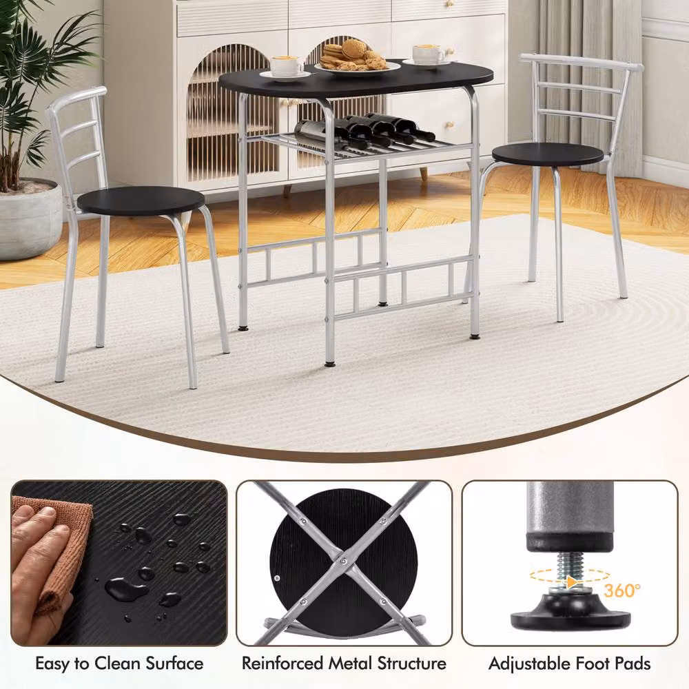 Gymax 3 Piece Modern Oval Dining Table and Chairs Set in Silver and Black – 4