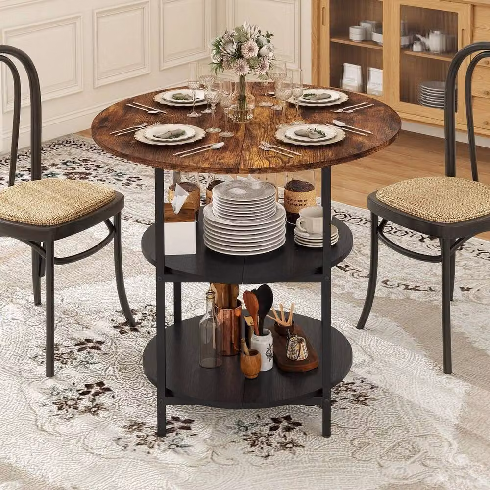 KORVIXA Modern Round Wood Dining Table with Storage in Brown and Black, Diameter: 100 cm – 3