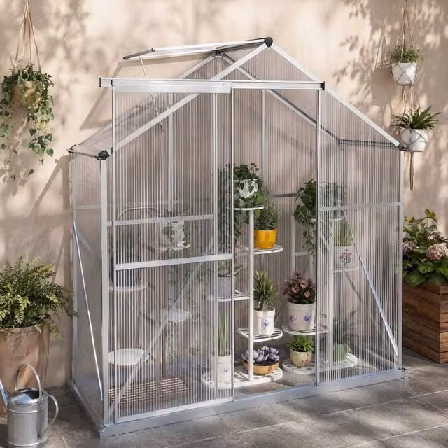 STILVORA Silver Aluminium Walk-In Greenhouse with Polycarbonate Sliding Door, Window and Rain Gutter, W/D/H: 200 x 70 x 190 cm – 1
