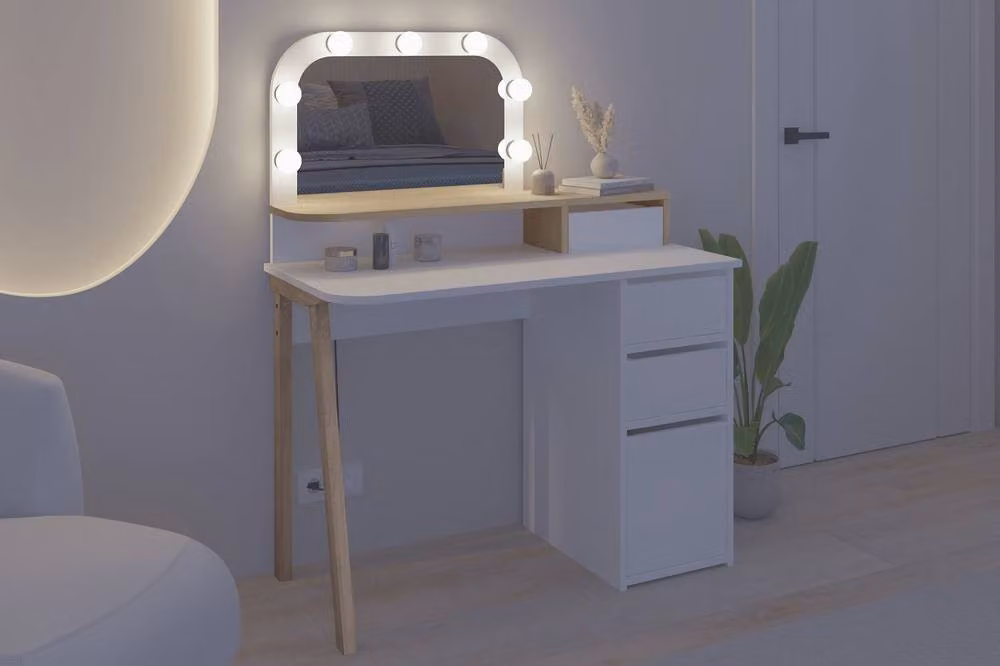 Decortie Avien Modern Dressing Table Set with Hollywood LED Mirror in White – 3
