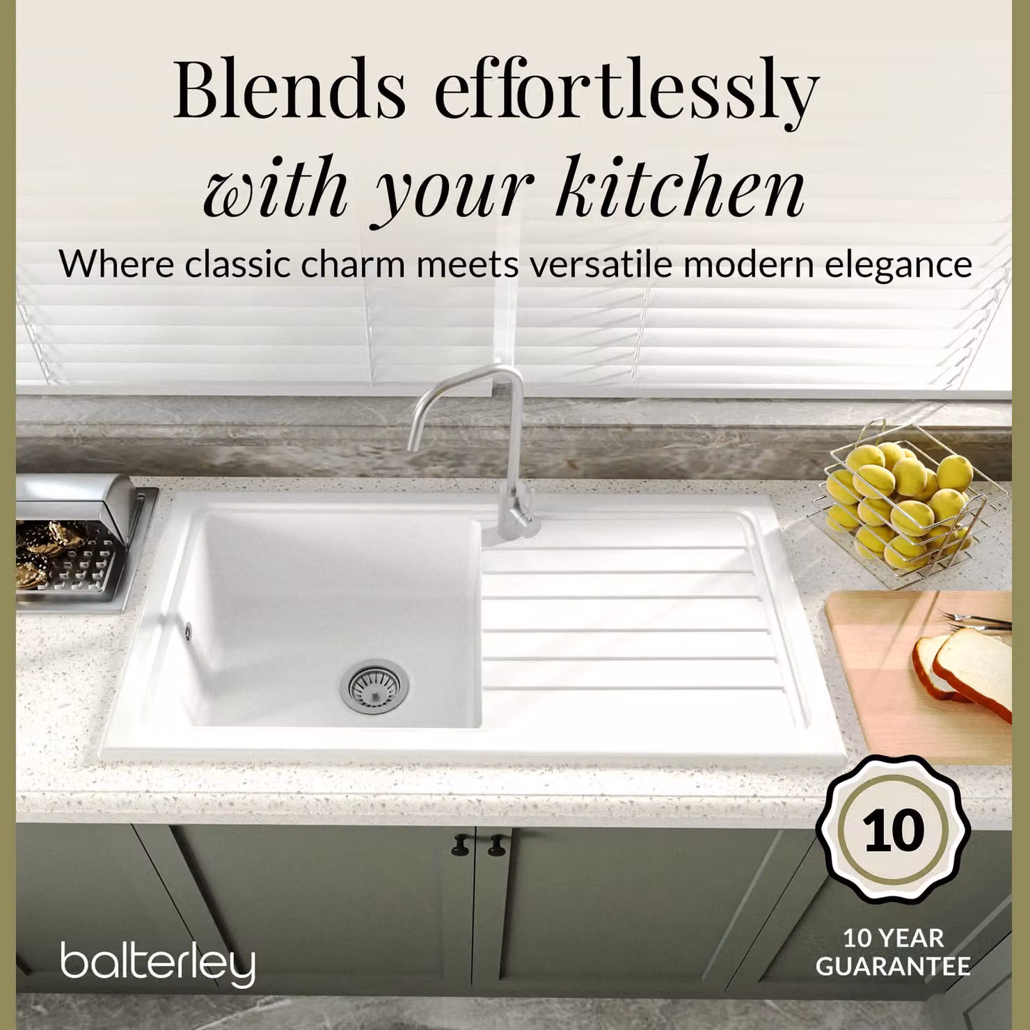 Balterley Single Bowl Fireclay Inset Kitchen Sink and Drainer with Waste, White, W: 101.0 cm, D: 52.5 cm, H: 25.0 cm – 3