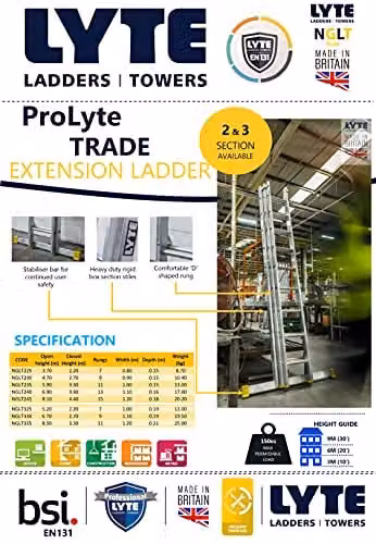 Lyte Pro EN131-2 Professional Trade 2 Section Extension Leaning Ladder, Silver, 2x7 Rung – 1