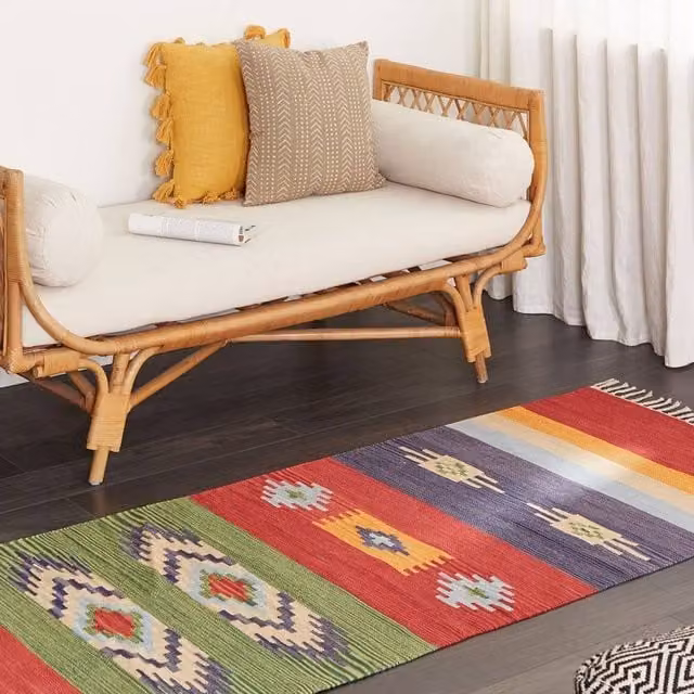 Wyld and Coco Multicolour Handwoven Kilim Cotton Runner with Fringes, W: 80 cm, L: 300 cm