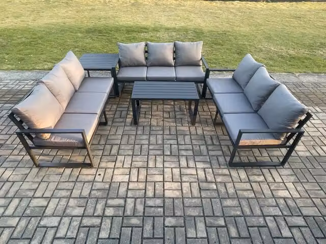 Fimous 9 Seater Outdoor Garden Furniture Set with Upholstered Cushions, Powder Coated Aluminium Lounge Sofa, Oblong Coffee Table and Side Tables in Dark Grey