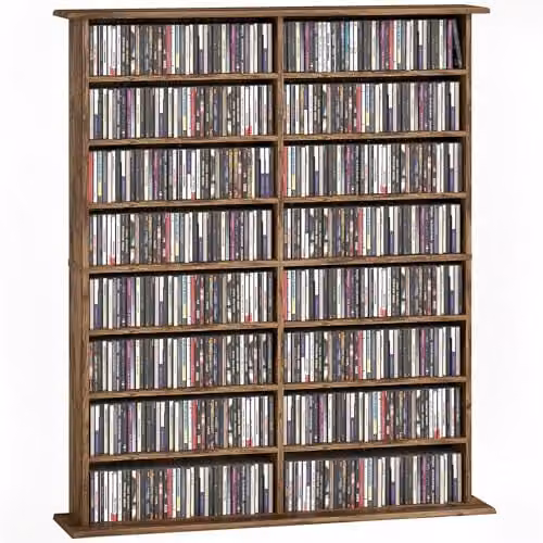 HOMCOM Rustic Brown Media Storage Unit with 12 Adjustable Shelves and Media Compartments for Living Room, Bedroom or Home Office, H 126.3 x W 106.5 x D 24.0 cm – 1