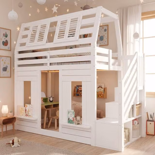 STILVORA Modern White Bunk Bed with Storage Stairs and Under-Bed LED Lighting, W/D/H: 90 x 190 cm