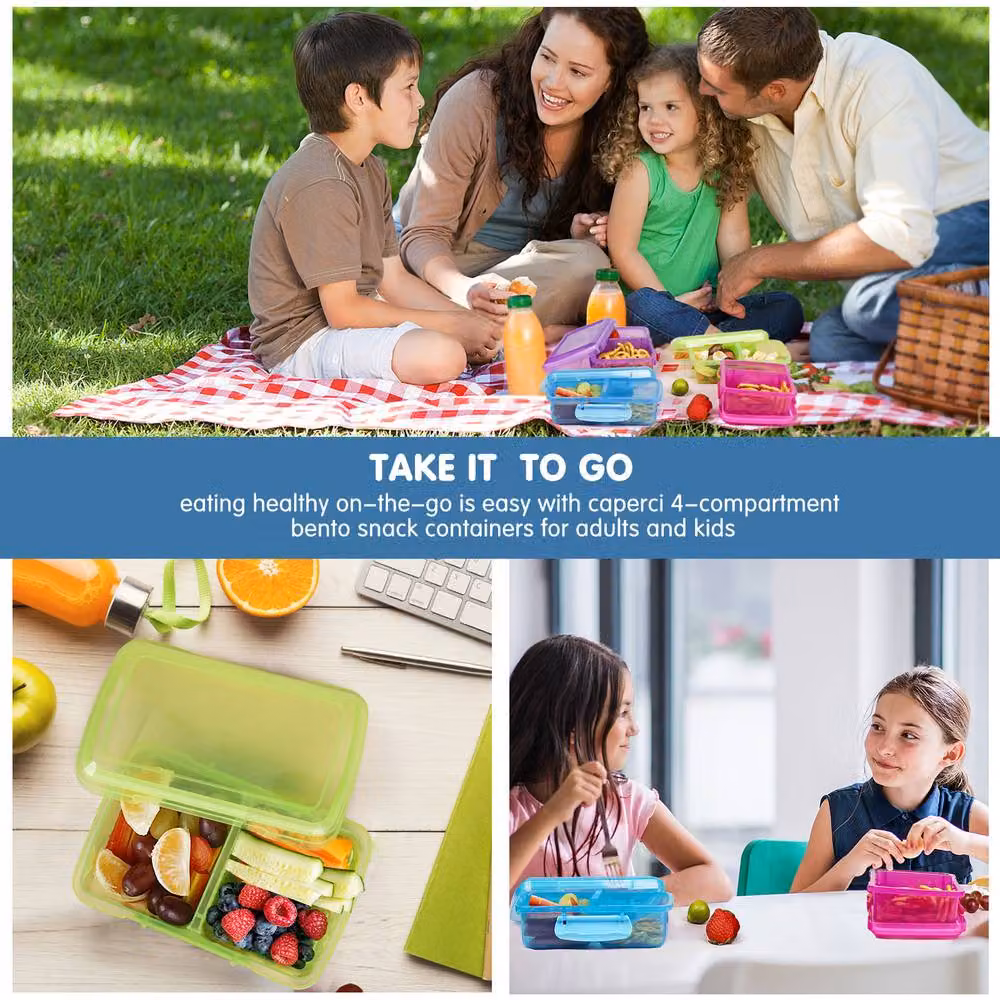 Greentainer 4 Pack Multicolour Snack Containers with 2 Compartments and Snap Lids – 6