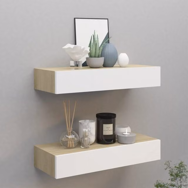 Berkfield Home Wall Drawer Shelves, 2 Piece Set in Oak and White, W/D/H: 60 x 23.5 x 10 cm