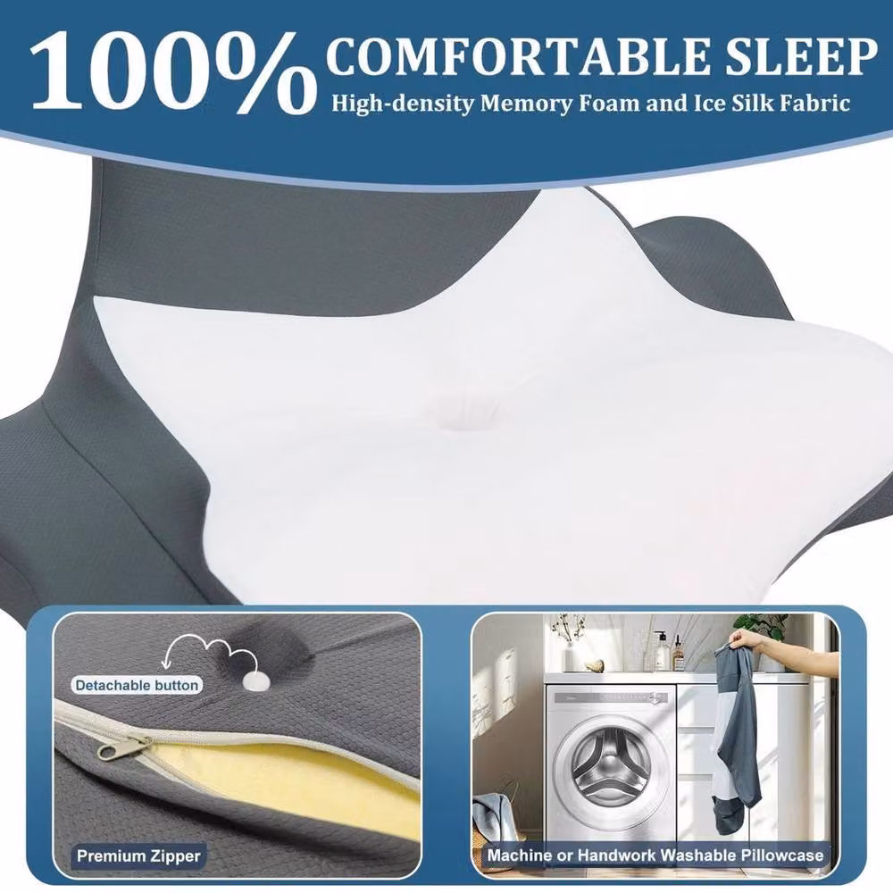 KORVIXA Ergonomic Cervical Memory Foam Pillow in Grey with Removable Silk Cooling Cover – 4