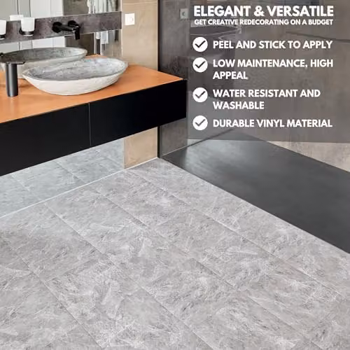 Novecrafto Self Adhesive Vinyl Floor Tiles, Light Grey Marbled Stone Look, 30 Pack, W/D: 30.5 x 30.5 cm – 7