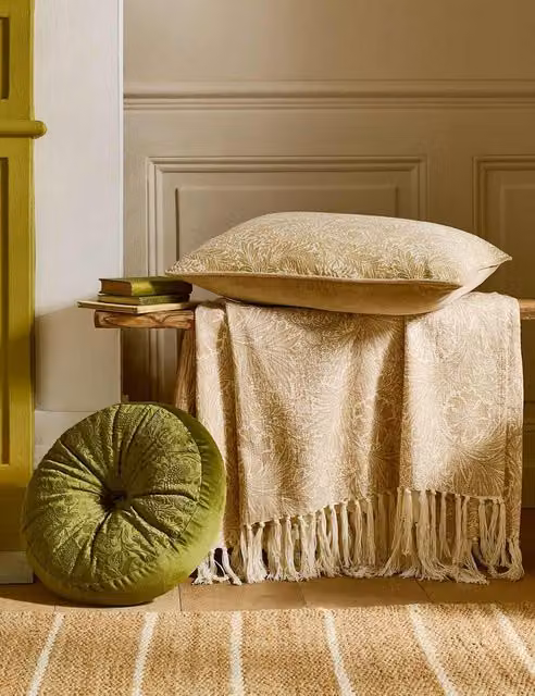 William Morris At Home Strawberry Thief Velvet Cushion in Green