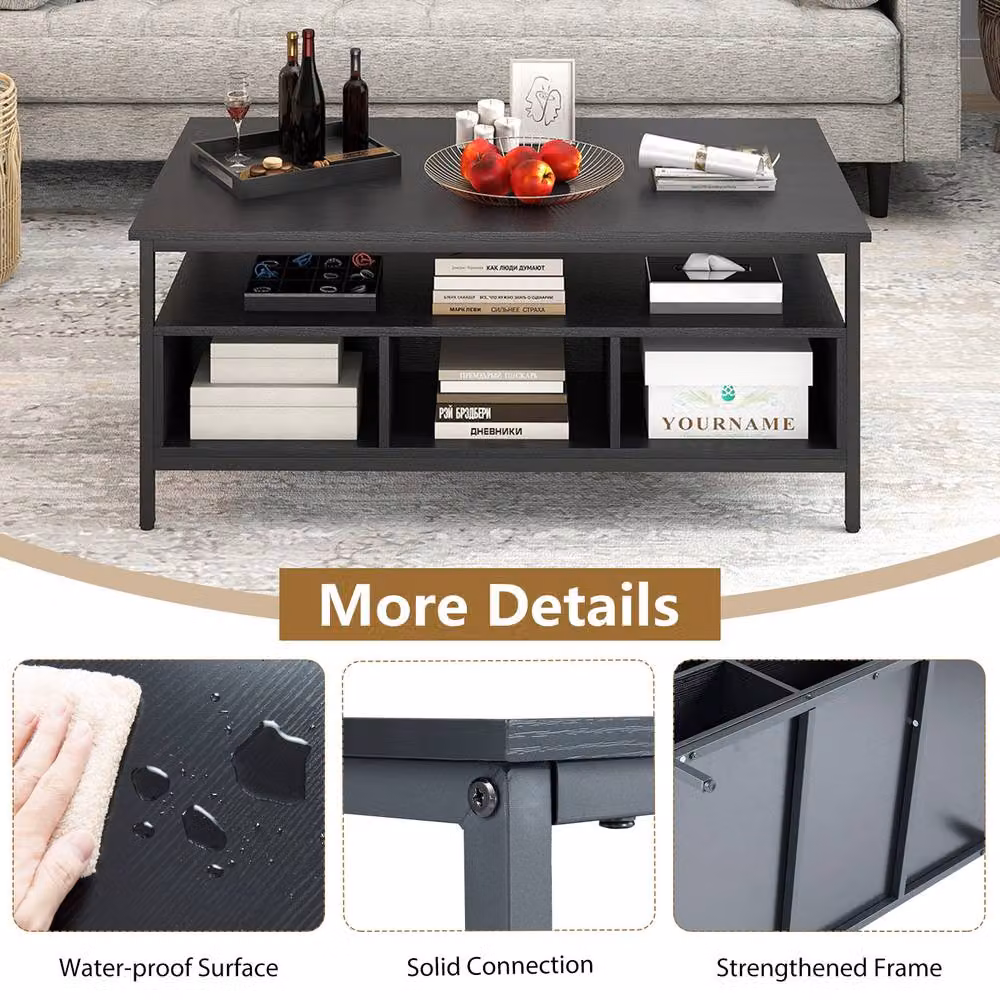 Gymax 3-Tier Rectangular Coffee Table with Shelf, Black Metal and Wood Frame – 6