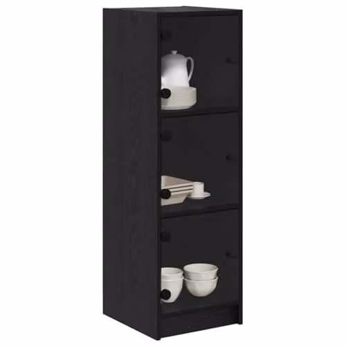 vidaXL Rustic Black Highboard with Glass Doors and Internal Shelves, W/D/H: 35 x 37 x 109 cm