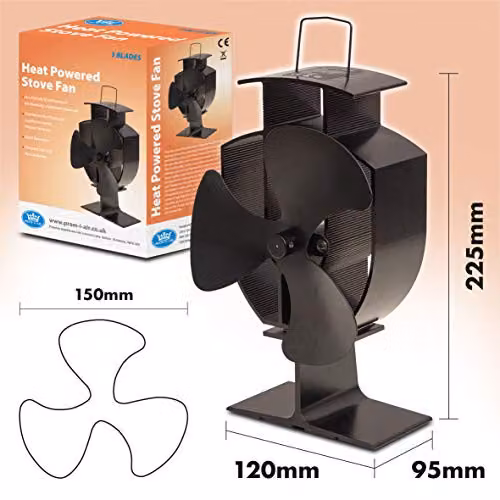 Prem-i-air Whisper Quiet Heat Powered Log and Wood Burner Stove Fan with 3 Blades, Black, W/D/H: 22.5 x 15.0 x 9.5 cm – 3