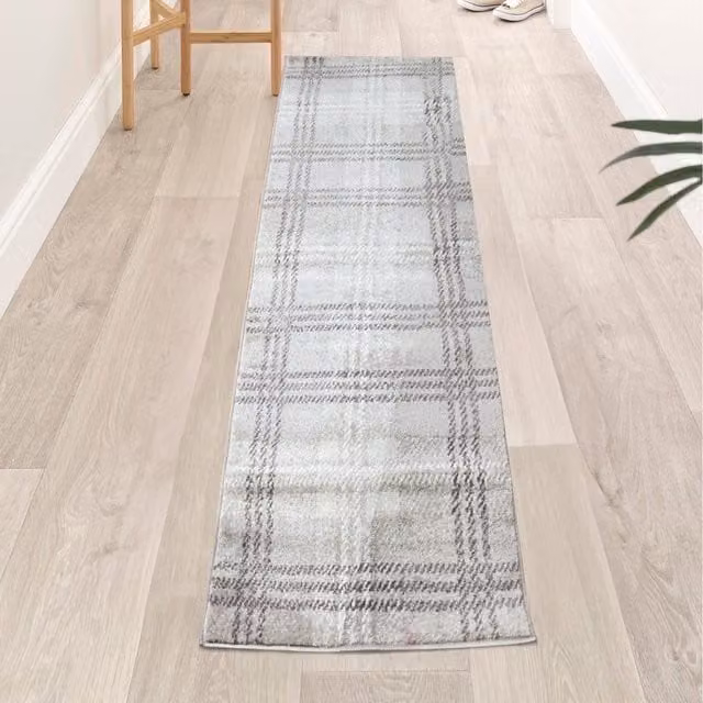 Home Republic Classic Tartan Check Non Slip Runner Rug in Beige, Yellow and Grey, Length: 230 cm