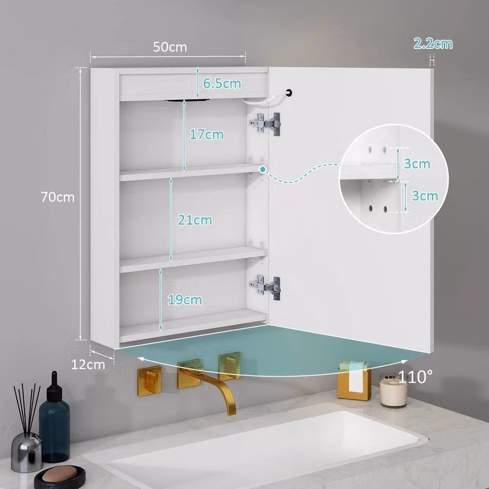 FLAVORA White LED Bathroom Mirror Cabinet with Shaver Socket and Internal Shelves, W/H: 50 x 70 cm – 1