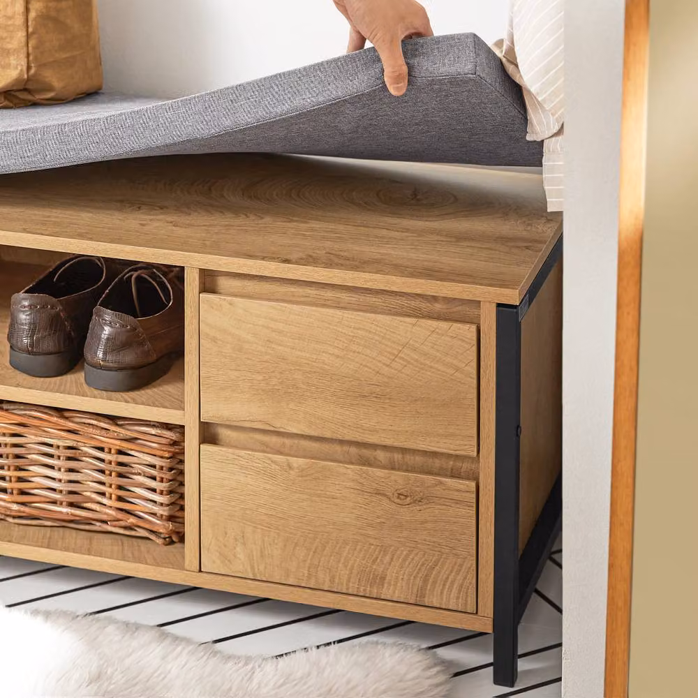SoBuy Entrance Bench with 4 Drawers and Grey Fabric Cushion, W: 110 cm, D: 35 cm – 4