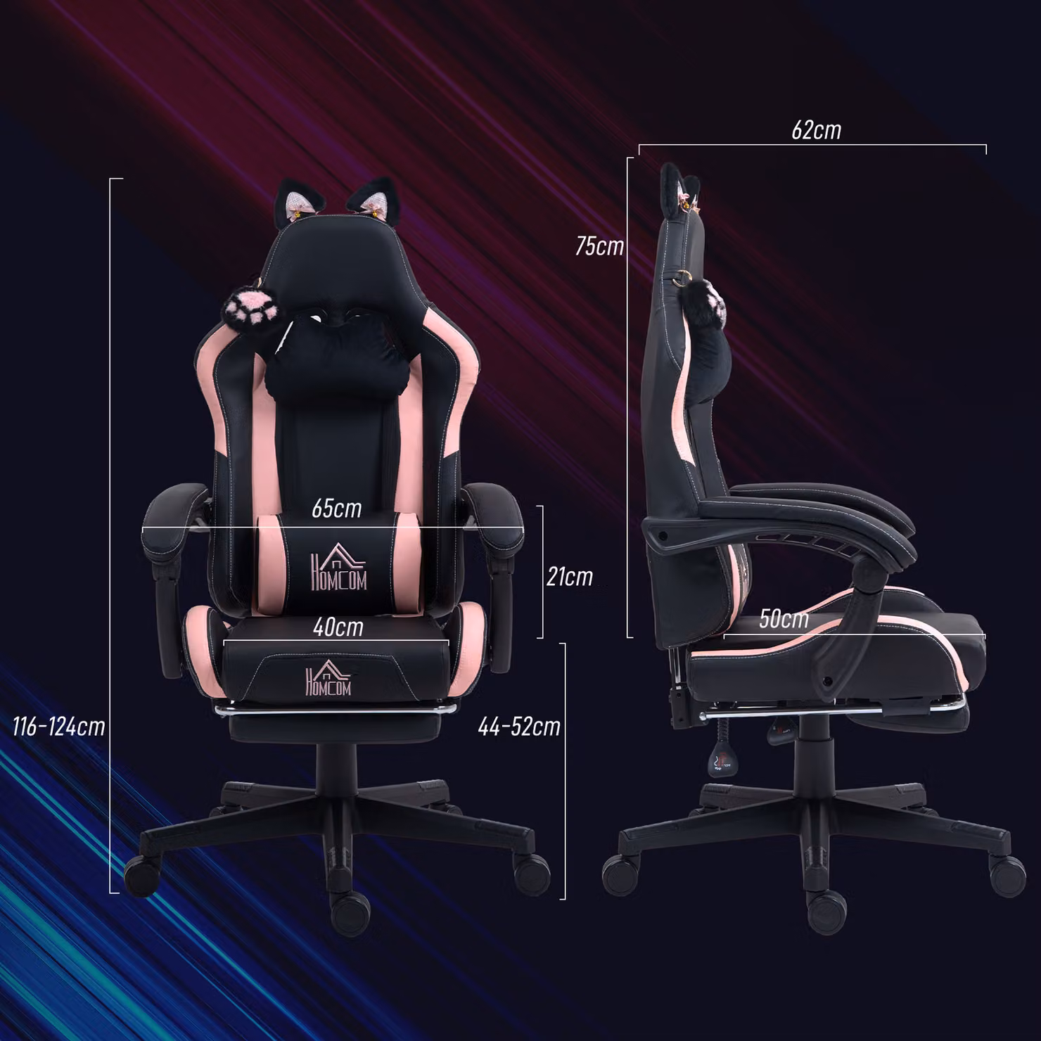 HOMCOM Cat Ear and Paw Reclining Gaming Office Chair with Footrest, Black/Pink, W/D/H: 120 x 44 x 52 cm – 3