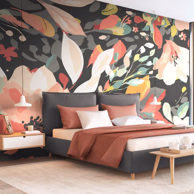 Origin Murals Flowing Flowers Modern Floral Wall Mural in Charcoal Black and Red, Medium