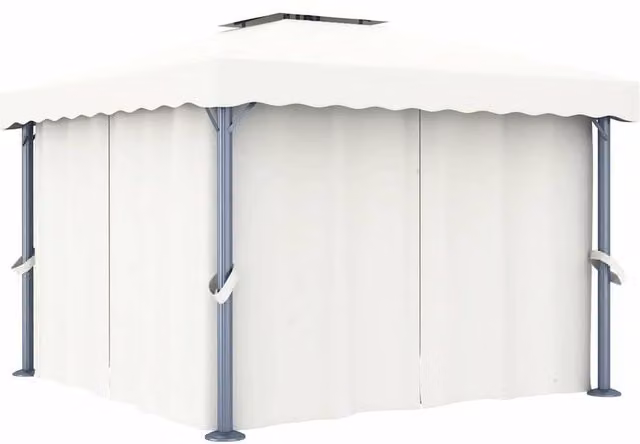 Berkfield Home Gazebo with Curtains and LED String Lights, Cream White and Beige, W: 300 cm, D: 300 cm, H: 270 cm