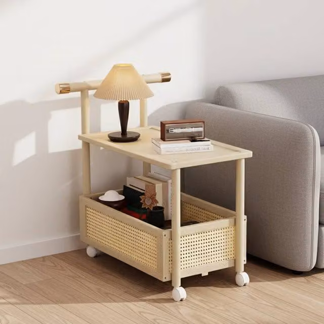 FORGEVIO 2 Tier Rolling Storage Trolley and Sofa Side End Table with Wheels in Beige