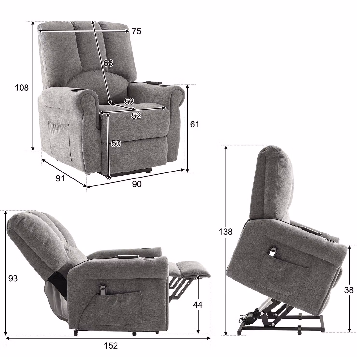 Aosom UK Electric Power Lift Recliner Chair with Single Motor, Heated Massage, Stand Assist, Storage Pockets and Cup Holders, Grey, H 108 x W 91 x D 90 cm – 3