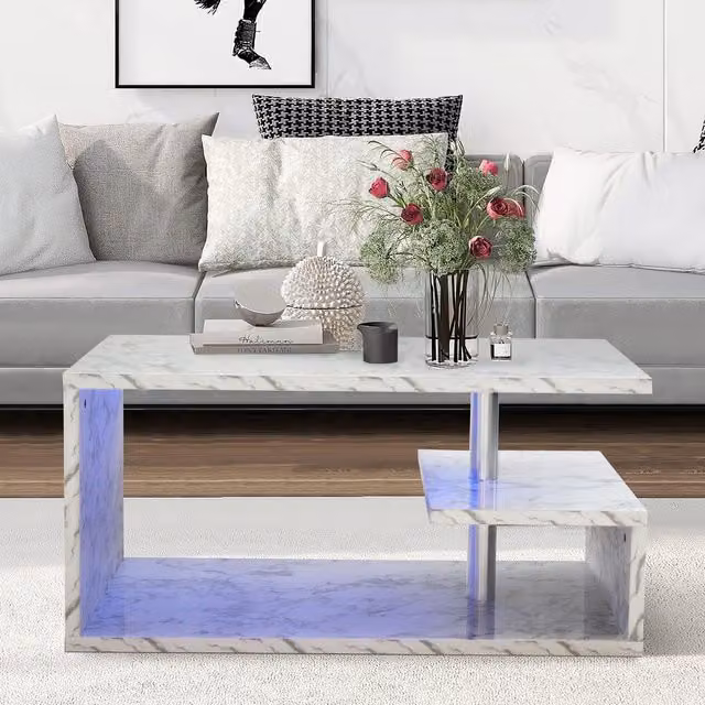 Comfy Living G-Shaped Abstract LED Coffee Table in White Marble with Glossy Metal and Stone Finish