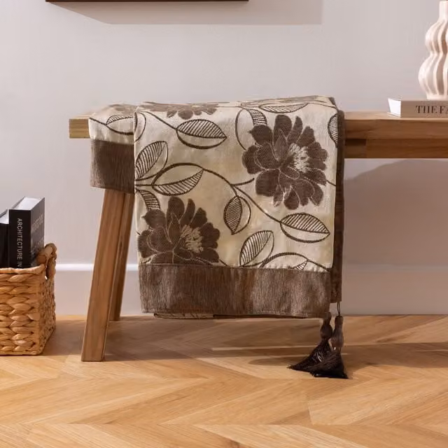 Paoletti Mayflower Floral Jacquard Throw in Brown with Fringes, W/D/H: 145 x 180 cm