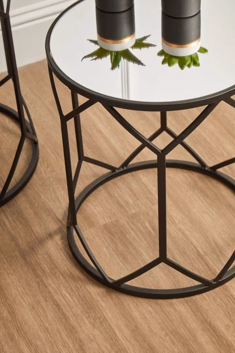 Orsina Set of 2 Black Geometric Side Tables with Mirrored Glass Tops – 3