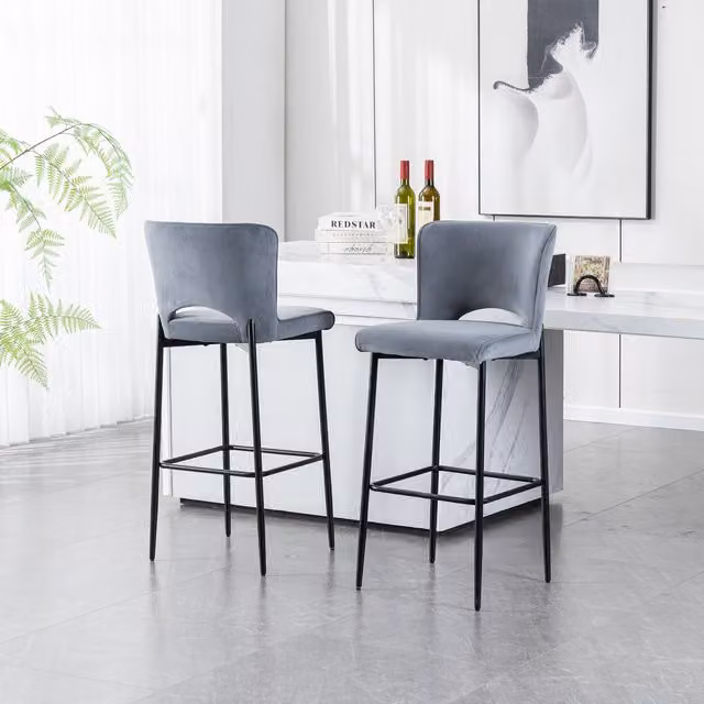 More4Homes Lily Modern Grey Velvet Bar Stool with Black Metal Frame