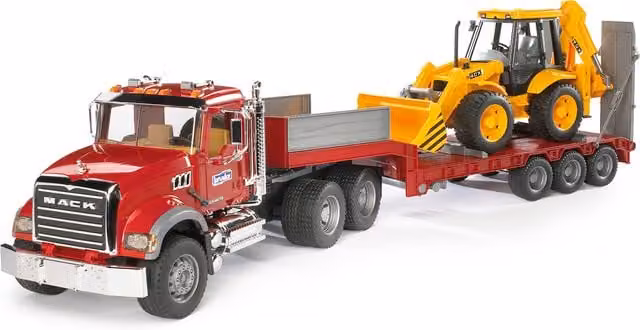 Bruder MACK Granite Low Loader Truck with JCB 4CX Backhoe Loader Model, Red, 1:16 Scale
