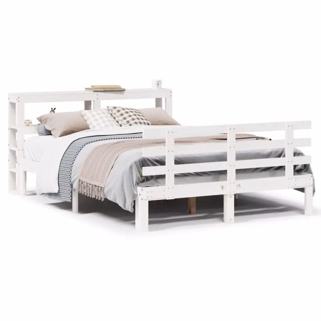 Berkfield Home Small Double Bed Frame with Headboard and Side Compartments in White, W/D/H: 120 x 190 x 82 cm – 2