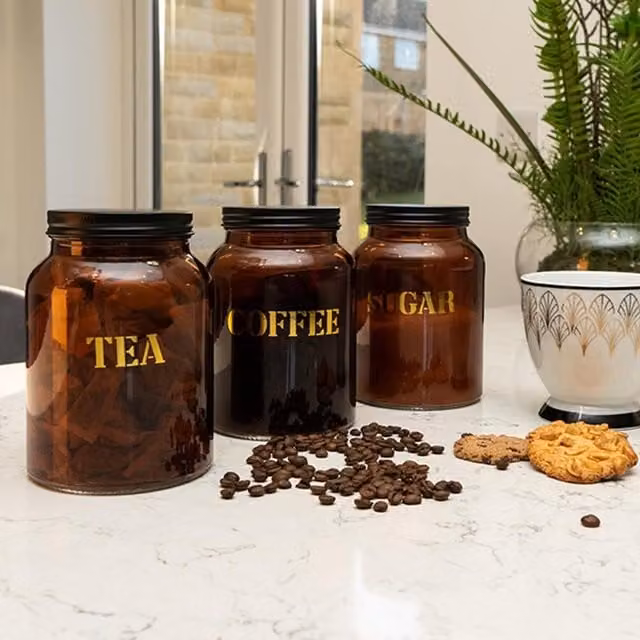 Madison & Mayfair Set of Three Vintage Labelled Glass Storage Jars in Amber Gold and Brown