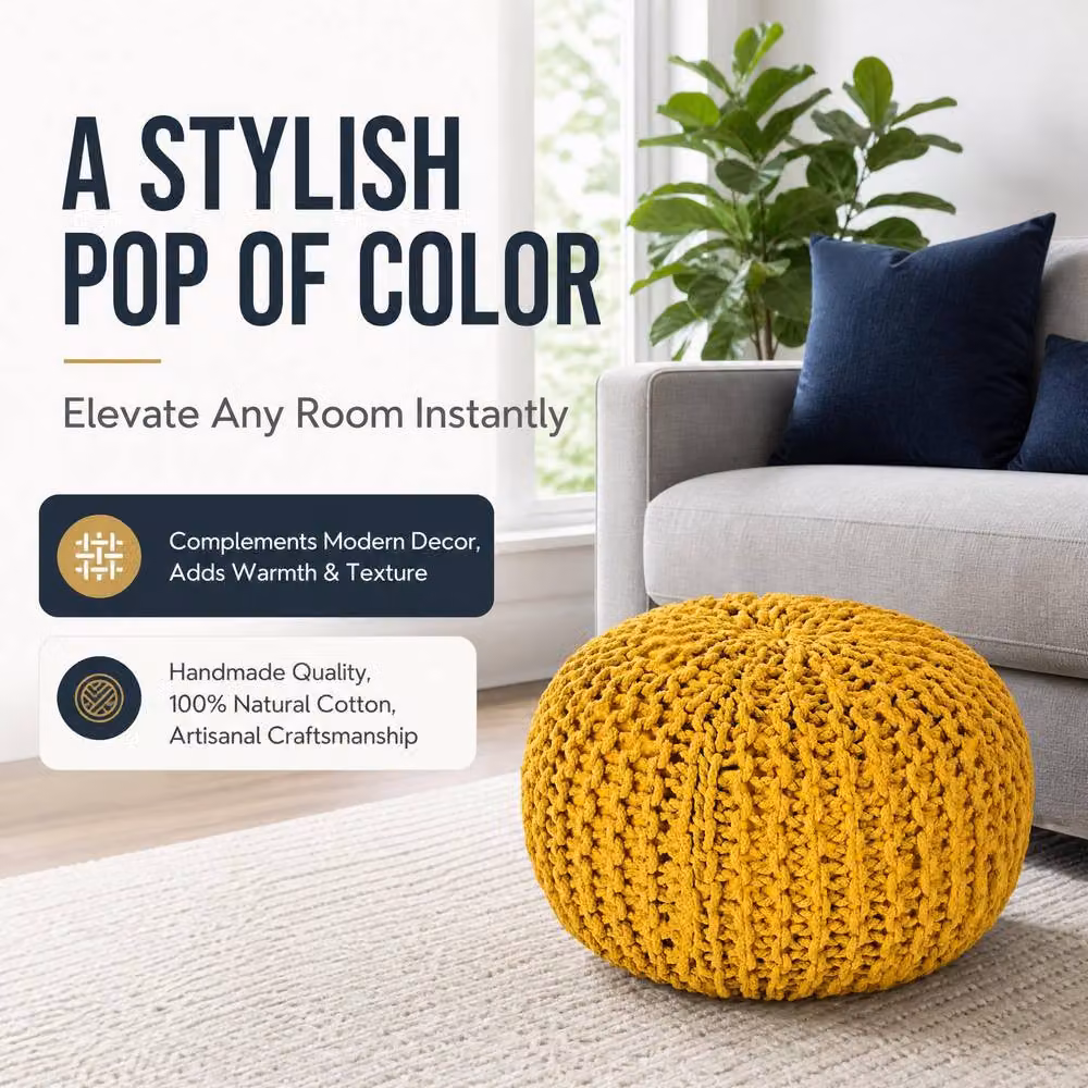 Bravich LTD Chunky Knitted Cotton Ottoman Footstool in Yellow, Diameter: 50 cm – 5