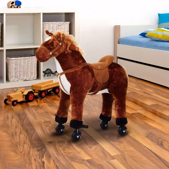 HOMCOM Interactive Plush Rocking Horse with Sound, Brown
