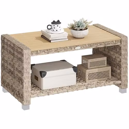 Outsunny Outdoor Coffee Table with Storage Shelf, Brown, W: 90 cm, D: 50 cm, H: 45 cm