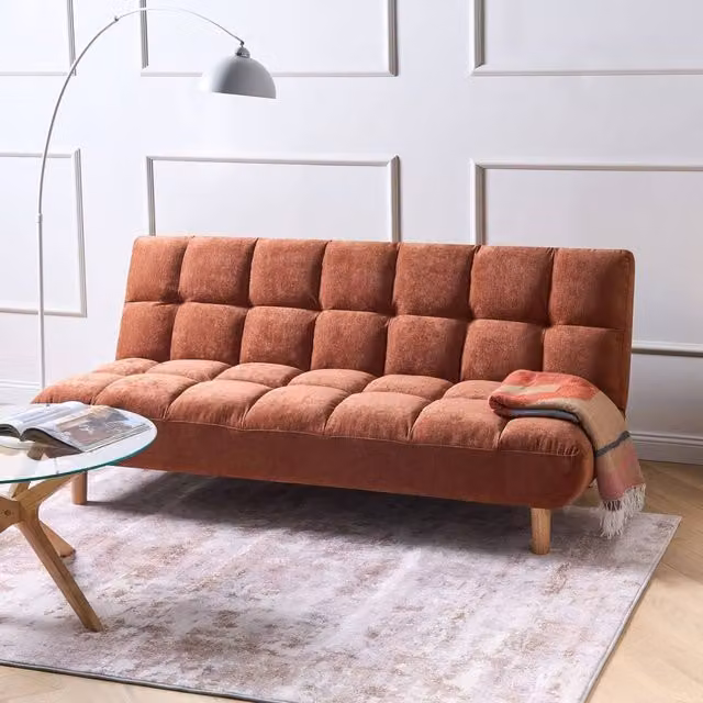 Wyld and Coco 2-Seater Click Clack Sofa Bed in Brown Fabric with Solid Rubberwood Frame, W/D/H: 153 x 83 x 140 cm – 1