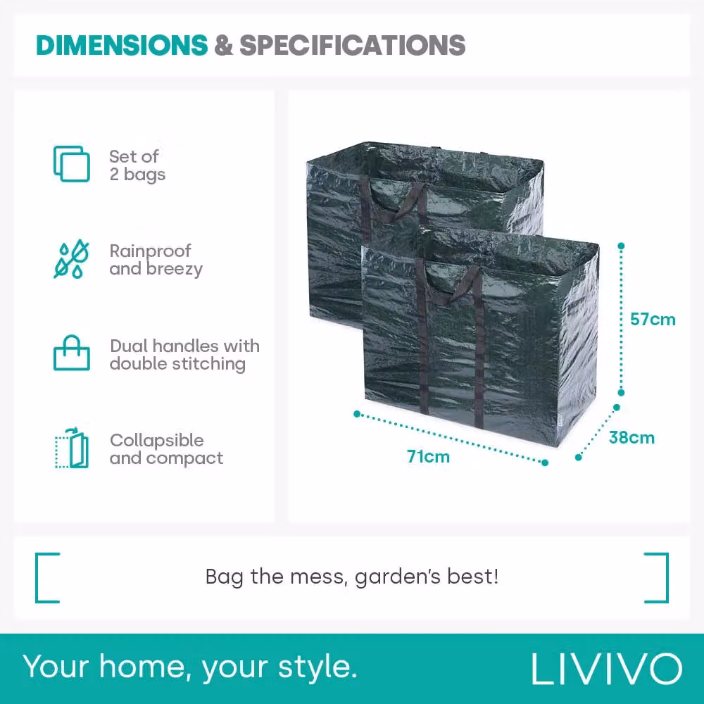 LIVIVO Set of 2 Heavy Duty Reusable Waterproof Garden Waste Bags, 150L, Dark Green – 8